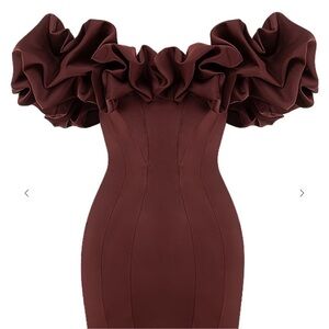 House of CB Maroon Off-Shoulder Ruffle Dress